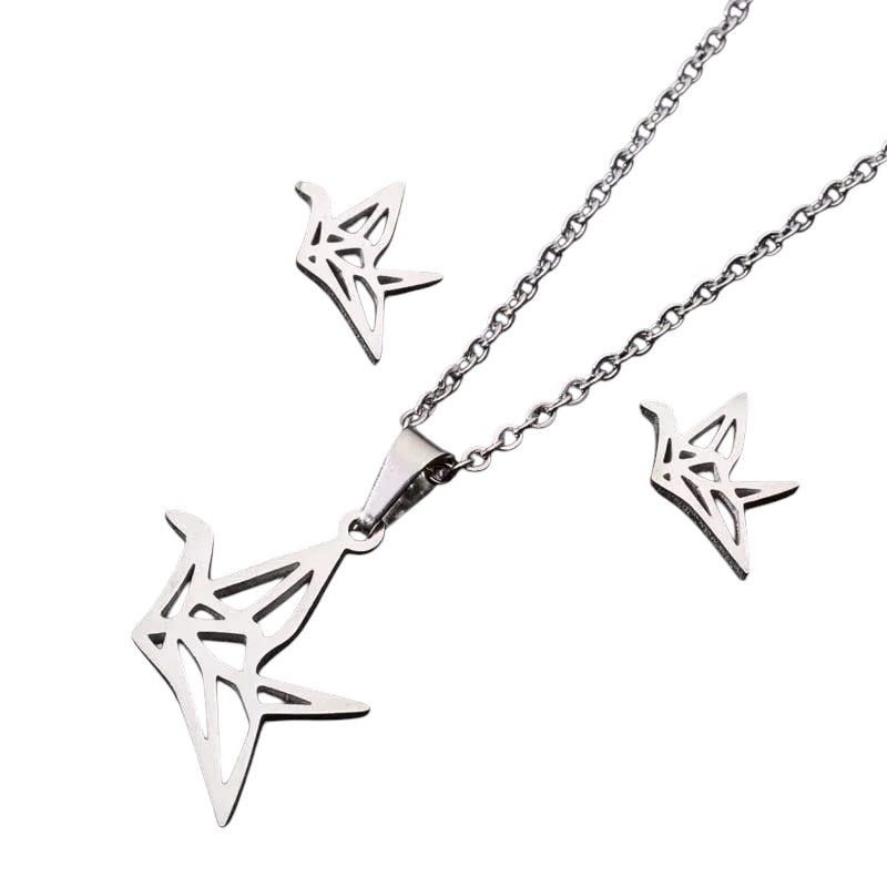 Paper Crane Necklace & Studs Set