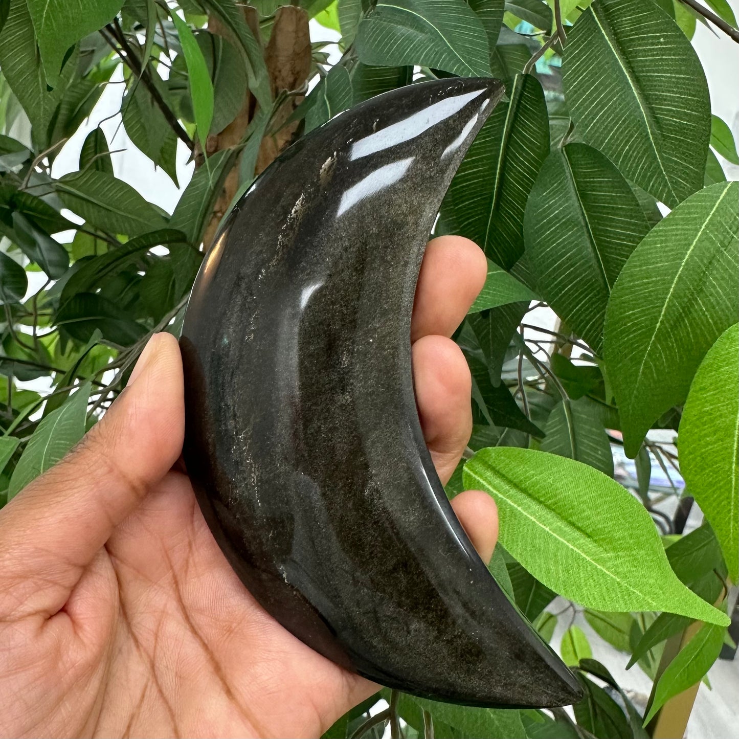 Golden Sheen Obsidian Crescent Moon