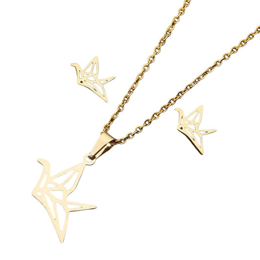 Paper Crane Necklace & Studs Set